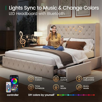 King Size Bed Frame with LED Lights and 4 Storage Drawers Linen Upholstered, view 5