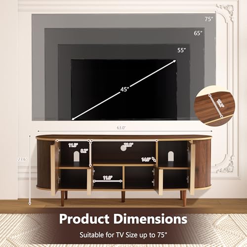 63" Fluted TV Stand with Storage for TVs up to 75", Brown | Modern Mid Century Entertainment Center Media Console with Adjustable Shelves and Open Storage for Living Room, Bedroom