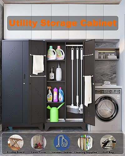 Metal Storage Cabinet with Lock, 71" Garage Storage Cabinets with Hanging Rod & S-Hooks, Large Storage Cabinet, Locking Tool Utility Closet, Black