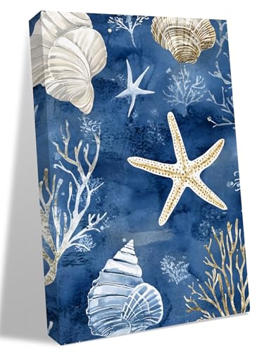 NuYeBiofx Ocean Starfish Seashell Waves Coral Canvas Wall Art Prints,48"x32" Framed Picture Artwork Navy Blue Printed Canvas Oil Painting for Living Room Bedroom Office,Ready to Hang