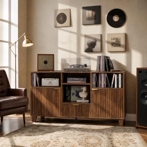 Large Round Record Player Stand with Vinyl Record Storage & Charging Station, view 4