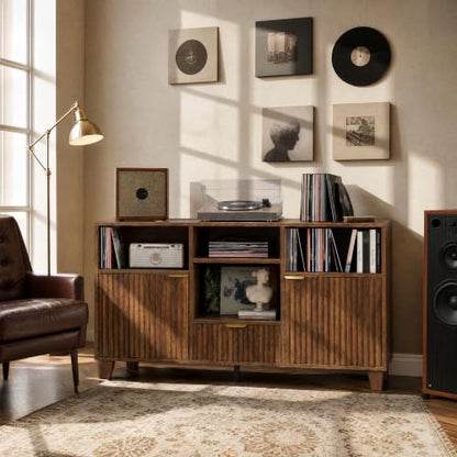 Large Round Record Player Stand with Vinyl Record Storage & Charging Station, view 4