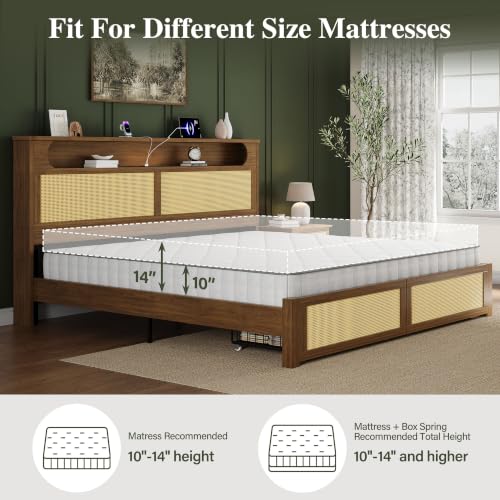 King Size Rattan Bed Frame with 2 Storage Drawers, Wood Bed, Brown, view 7