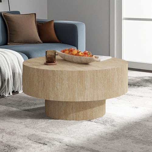 Travertine Coffee Table, Round Coffee Table Farmhouse Small Circle Wood Center Tables Mid Century Modern Low Circular Tea Tables for Living Room Apartment Easy Assemble,Round