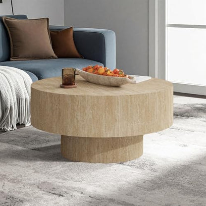 Travertine Coffee Table, Round Coffee Table Farmhouse Small Circle Wood Center Tables Mid Century Modern Low Circular Tea Tables for Living Room Apartment Easy Assemble,Round