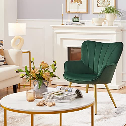 Yaheetech Velvet Accent Chair, Modern Armchair Vanity Chair with Wing Side and Metal Legs, Cozy and Soft Padded and High Back for Living Room/Makeup/Office/Bedroom, Green