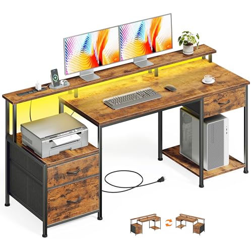 55" Computer Desk with File Drawer, Printer Space, Rustic Brown, view 2