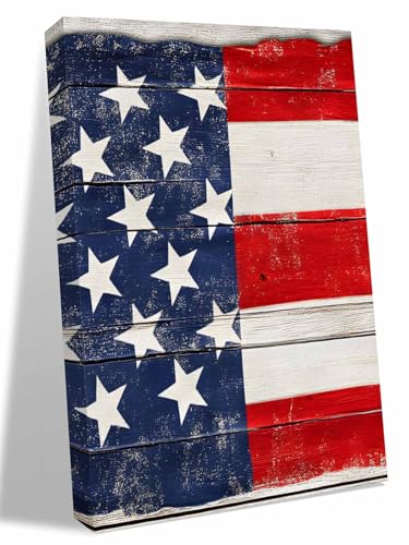 NuYeBiofx Independence Day American Flag Canvas Wall Art Prints,30"x20" Framed Picture Artwork Vintage Wood Grain Printed Canvas Oil Painting for Living Room Bedroom Office,Ready to Hang