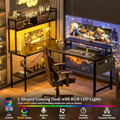 L Shaped Gaming Desk with Power Outlets & LED Lights, Black, view 5