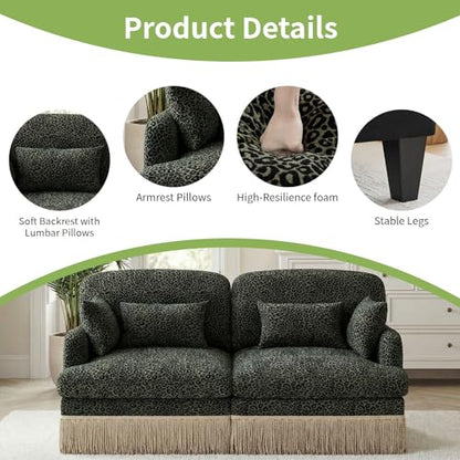 Modular Sectional Leopard Print Couch w/Ottoman,Modern 2-Seat L-Shaped Cloud Couch,Pillows,Tassel Fringe Skirt,High-Resilience Foam Sofa,Easy Assembly for Living Room,Apartment(Gre-Blk 69.2")