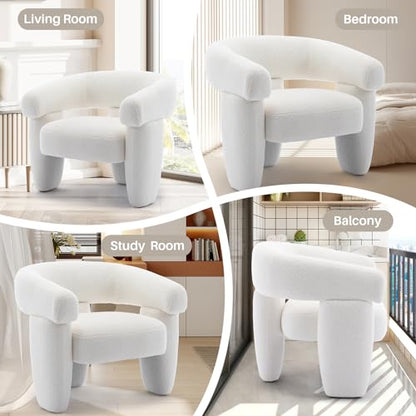 Mid Century Modern Accent Barrel Chair Comfy Upholstered Round Armchair with Montage Design, Sherpa Boucle Lounge Chair for Living Room Bedroom Apartment, Cream White