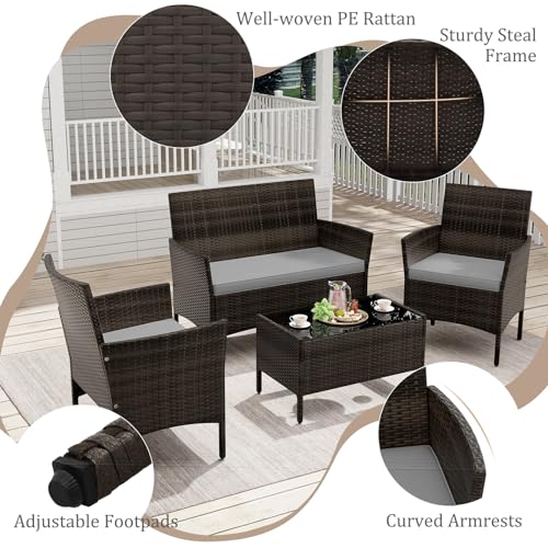 4 Piece Patio Furniture Set, Outdoor Rattan Conversation Set with Loveseat, Wicker Chairs, Tempered Glass Coffee Table, Wicker Patio Set for Backyard, Porch (Grey)