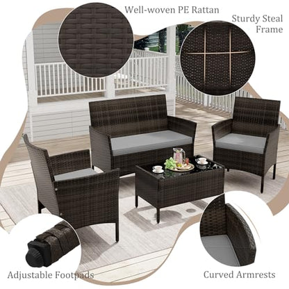 4 Piece Patio Furniture Set, Outdoor Rattan Conversation Set with Loveseat, Wicker Chairs, Tempered Glass Coffee Table, Wicker Patio Set for Backyard, Porch (Grey)