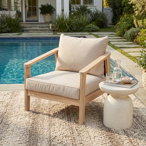 Hartford Acacia Wood Lounge Chair Outdoor with Removable Cushion, Solid Wood Patio Accent Chair with PE Wicker Backrest, Patio Furniture Sofa Set, Light Brown+Beige