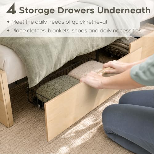 Queen Bed Frame with Natural Rattan Headboard and Wooden 4 Storage Drawers, view 6