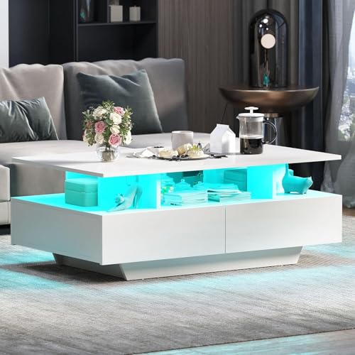 LED Coffee Table with Storage 4 Drawers, Modern High Glossy Coffee Tables for Living Room, White Rectangle Coffee Table Small Center Table with Open Display Shelf & Sliding Drawers, White