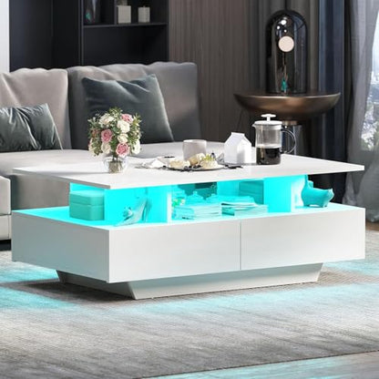 LED Coffee Table with Storage 4 Drawers, Modern High Glossy Coffee Tables for Living Room, White Rectangle Coffee Table Small Center Table with Open Display Shelf & Sliding Drawers, White