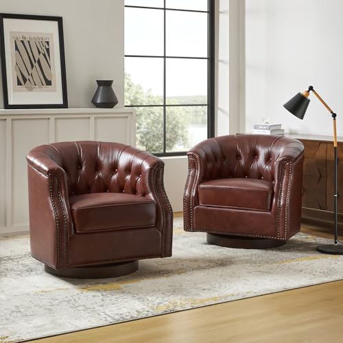 Genuine Leather Swivel Accent Chairs Set of 2, Swivel Rocker Barrel Chairs, Traditional Chesterfield Armchairs with Button-Tufted Design, No Assembly Required, Brown