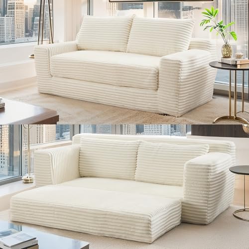 Boneless Couch, 2 in 1 Convertible,71" Corduroy Cloud Loveseat Sofa,Memory Foam Couch in a Box,No Assembly Small Sofa for Living Room,Apartments, Home Office,Bedroom-Beige