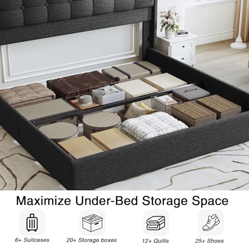 Upholstered King Size Lift Up Storage Bed Frame, Wingback Headboard, view 4