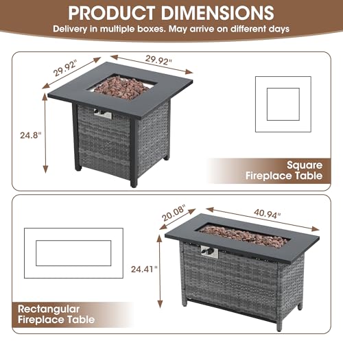 5 Piece Patio Furniture Set with Fire Pit, Grey Wicker Outdoor Conversation Set with 2 Swivel Rocker Chairs, 2 Sofas and Rectangular 60,000 BTU Fire Pit Table, Beige Covers for Patio
