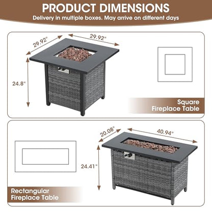 5 Piece Patio Furniture Set with Fire Pit, Grey Wicker Outdoor Conversation Set with 2 Swivel Rocker Chairs, 2 Sofas and Rectangular 60,000 BTU Fire Pit Table, Beige Covers for Patio