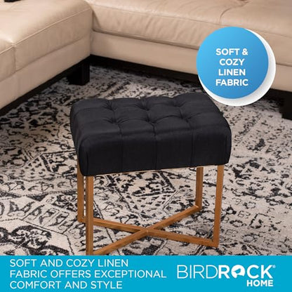 Rectangle Tufted Linen Ottoman Foot Rest - 19.7x11.82x17.73” Small Foot Stool with Legs - Padded Footrest Modern Ottomans for Living Room Furniture, Bedroom Footstool (Black)