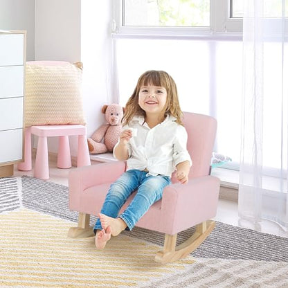 Toddler Rocking Chair, Kids Rocker with Solid Wood Legs & Linen Fabric, Anti-Tipping Design, Toddler Couch for Kids Room, Playroom, Nursery, Bedroom (Pink)