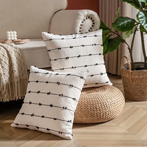 Boho Throw Pillow Covers 18x18 inches Beige and Black, Set of 2 Modern Farmhouse Decorative Pillow Covers for Couch Bed, Living Room