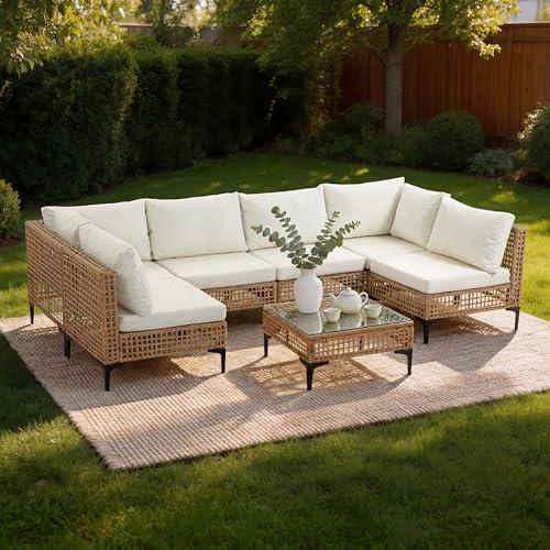 7 PCs Outdoor Patio Furniture All Weather Wicker Rattan Sectional Conversation Sofa Set w/Water Resistant Cushions, Coffee Table for Paito, Lawn, Garden, Beige
