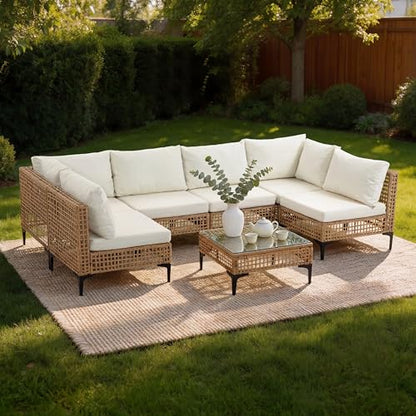 7 PCs Outdoor Patio Furniture All Weather Wicker Rattan Sectional Conversation Sofa Set w/Water Resistant Cushions, Coffee Table for Paito, Lawn, Garden, Beige