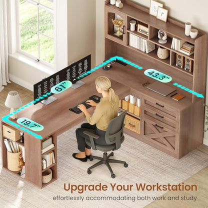 Farmhouse L Shaped Office Desk with Drawers, 61” Computer Desk with Storage Shelves and Power Outlet, Corner Gaming Desk with LED Light and Display Cabinet for Home Office, Light Brown