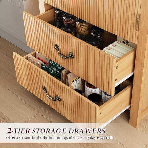 71" Arched Storage Cabinet with Fluted Doors, Tall Wood Pantry Cabinet with Drawers & Adjustable Shelves, Modern Coffee Bar Cabinet, Natural Oak