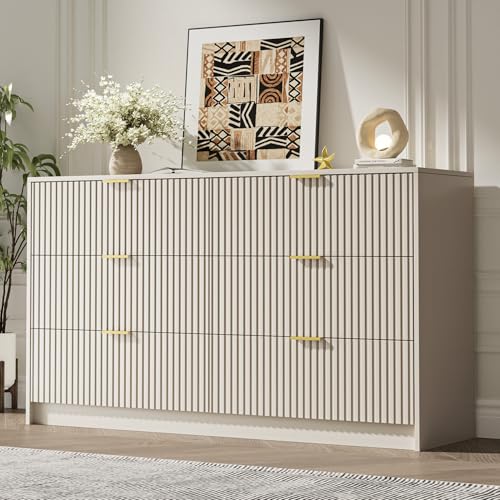 55" Wide Fluted 6-Drawer Double Dresser for Bedroom, Beige, view 2