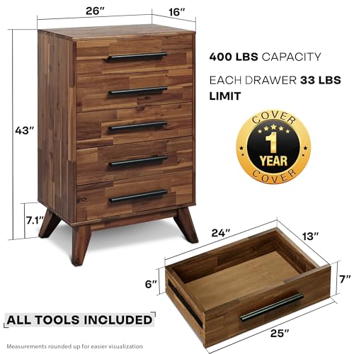Acacia Linea 26" 5-Drawer Solid Wood Dresser, Chest of Drawers, Walnut, view 4