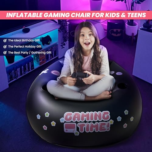 Inflatable Gaming Chair for Kids & Teens with Cup Holders and Side Pocket - This Air Gaming Bean Bag Chairs for kids is The Perfect Furniture for Gamer Room Decor - Perfect Gaming Stuff for boys 4-12