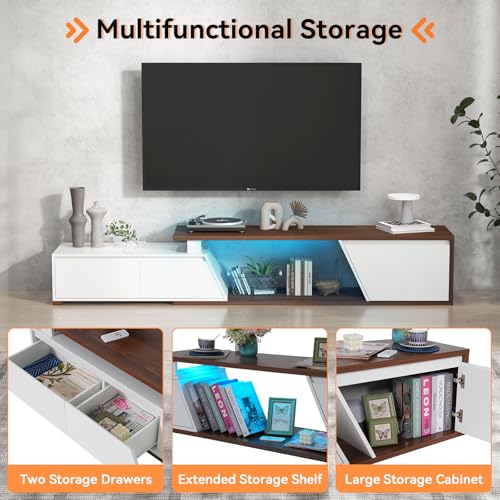 Extendable TV Stand, LED Entertainment Center, 63" - 90.6" | Wooden TV Media Console, Modern, 2 Drawers, Cabinet, Up to 90 Inch TV, Easy to Assemble, Living Room Bedroom, White & Walnut