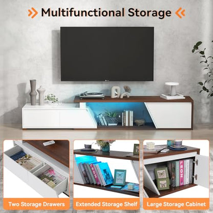 Extendable TV Stand, LED Entertainment Center, 63" - 90.6" | Wooden TV Media Console, Modern, 2 Drawers, Cabinet, Up to 90 Inch TV, Easy to Assemble, Living Room Bedroom, White & Walnut