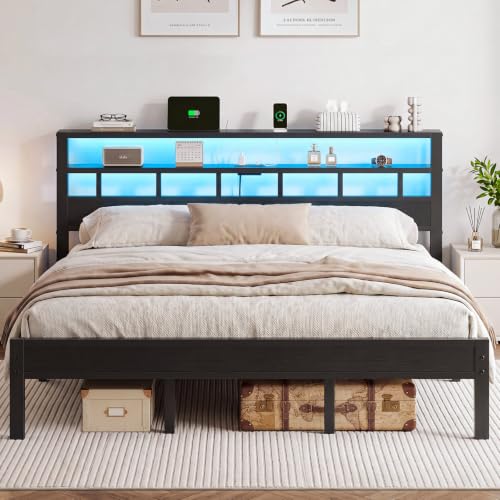 King Size Bed Frame with Charging Station and LED, view 2