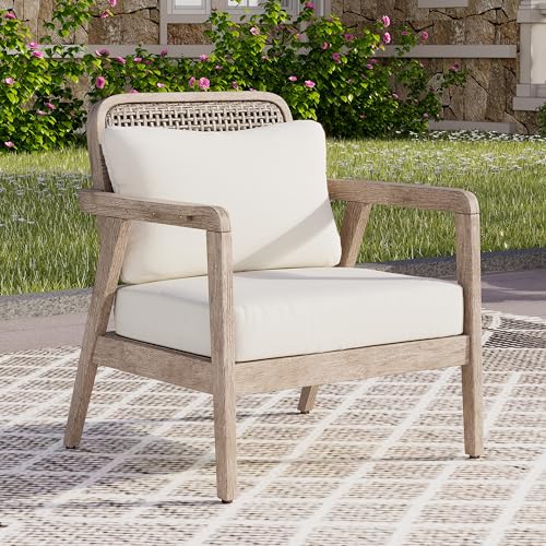 Light brown acacia wood outdoor club chair with cushion, view 2