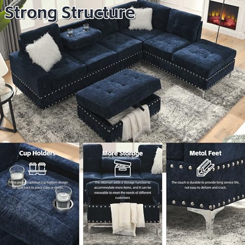 108'' Sectional Couches for Living Room, Modular 5-Seater Couch Sofa with Reversible Chaise & Cup Holders, L-Shaped Corner Sofa with Storage Ottoman for Apartment Office (Chenille, Navy Blue)