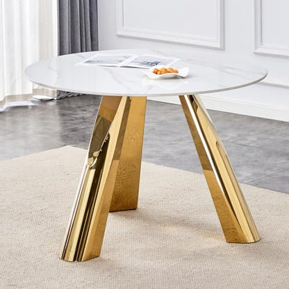 42" Luxury Sintered Stone Table: 0.45" Top + 6" Steel Legs, 350lb Capacity, Stain,Heat Resistant White,Gray Veined Design