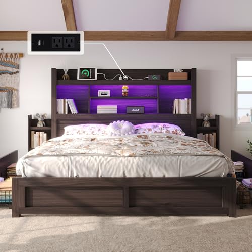 King Size Bed Frame with Bookcase Headboard & Storage, Black, view 2