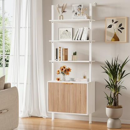74" Tall Bookshelf with Storage Cabinet, Modern Ladder Shelf with Wood and Metal Frame, Wall Mount Bookcase Open Display Shelf Furniture for Living Room, Bedroom, Home Office, White and Oak