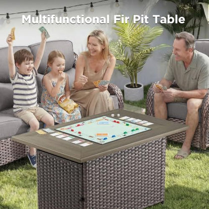 Luxury Patio Furniture Set with Fire Pit Table-4 Pieces High Back Wicker Swivel Rocker Chairs with 6" Extra Thick Cushions, Outdoor Patio Conversation Sets for Porch Deck Backyard(Brown/Grey)