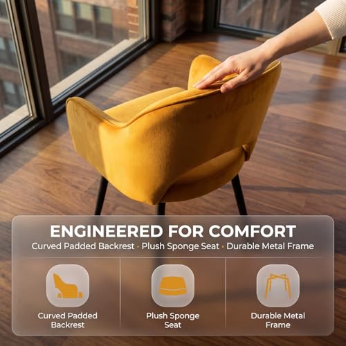 Swivel Dining Chair Set of 4, Velvet Upholstered Side Chair Modern Accent Guest Chair Home Office Desk Chair with No Wheels for Dining Room Living Room Office, Yellow