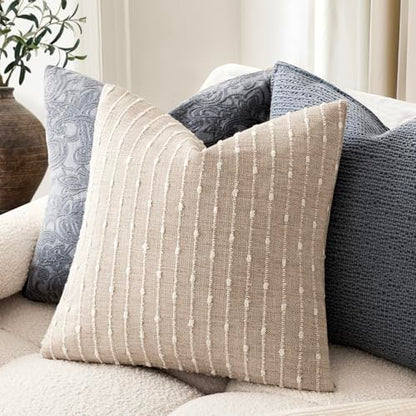 Pack of 2 Decorative Jacquard Boucle Throw Pillow Covers Accent Textured Striped Pillowcases Cozy Modern Cushion for Couch Sofa Bedroom Living Room Home Decor 18x18 Inch Natural Beige