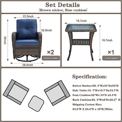 Patio Wicker Chairs Swivel Rocker - Outdoor Swivel Rocking Chairs Set of 2 with Rattan Side Table, Patio Swivel Glider Chair 3 Piece Patio Furniture Sets for Deck Porch Pool Brown/Blue