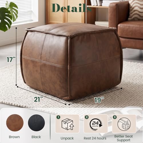 Genuine Leather Ottoman, Square Pouf Footstool (Square, Brown), view 3
