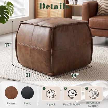 Genuine Leather Ottoman, Square Pouf Footstool (Square, Brown), view 3